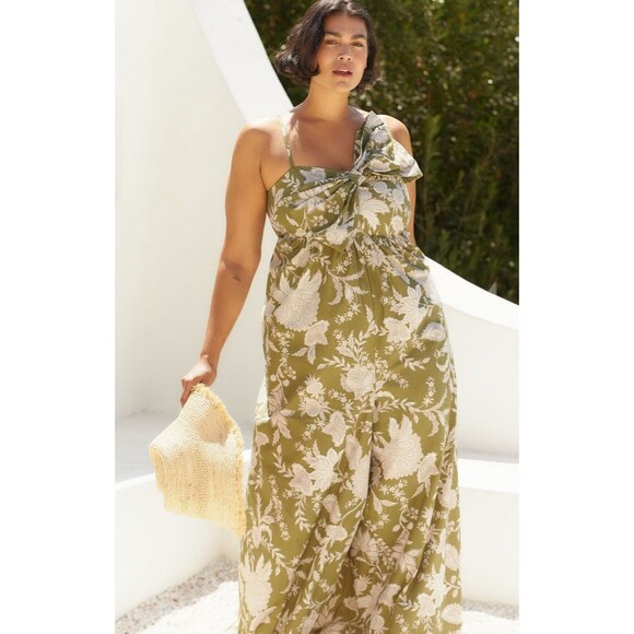 Anthropologie Hutch Jumpsuit Green Floral Poplin Bow Boho Retro Vacay XLP NWT